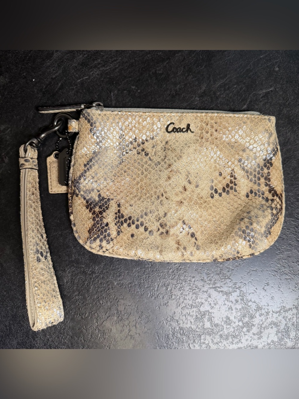 COACH Kristin Neutral Snake-Print Wristlet Clutch - Beige 5”x8”